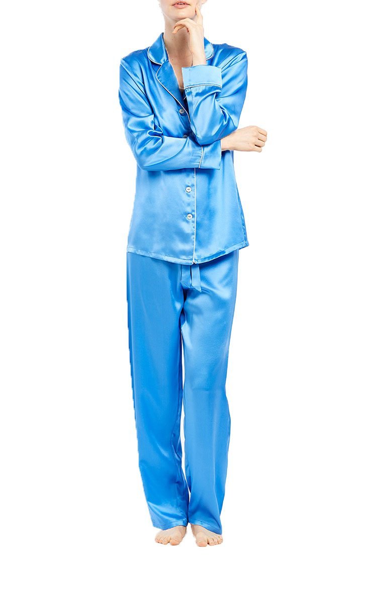 Ginia Long Sleeve Silk Pyjama In Marina Blue