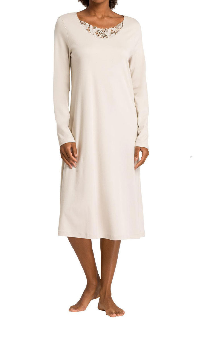 woman wearing hanro nightgown in creme