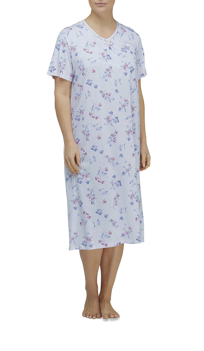 Schrank 100% Cotton Nightgown with Short Sleeve in Blue Floral Bianca SK298
