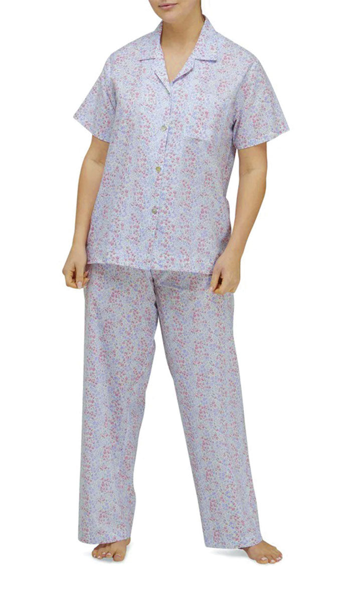 Schrank Short Sleeve and Long Pant Cotton Knit Pyjama in Blue Multicolour Floral Australia and New Zealand Womens cotton sleepwear pyjama