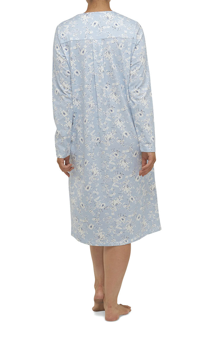 Schrank 100% Cotton Quilted Chest Nightgown with Long Sleeve in Blue Floral Print Shelley SK202S