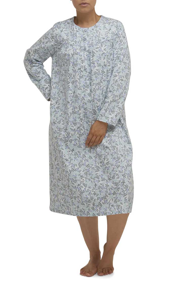 Schrank Brooke Long Sleeve Cotton Flannelette Nightgown in Blue Floral Print