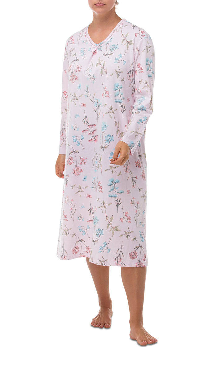 Schrank Helena Long Sleeve Cotton Nightgown in Pink Floral Print